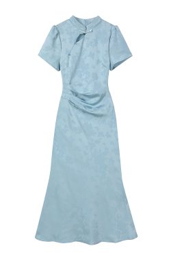 Elegant Blue Qipao Dress for Women - Chinese Style National Wind 2025 Summer Long Dress - Cool & Stylish Temperament Fashion