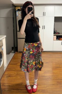 Elegant Floral Print Pleated Midi Skirt Plus Size - American Retro High-End Summer 2025 Women's Fashion