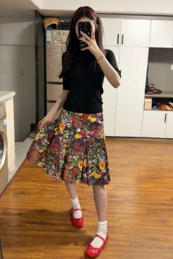 Elegant Floral Print Pleated Midi Skirt Plus Size - American Retro High-End Summer 2025 Women's Fashion