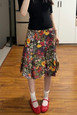 Elegant Floral Print Pleated Midi Skirt Plus Size - American Retro High-End Summer 2025 Women's Fashion