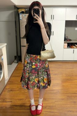 Elegant Floral Print Pleated Midi Skirt Plus Size - American Retro High-End Summer 2025 Women's Fashion