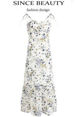 Elegant Floral Spaghetti Strap Long White Dress - French Style Summer Vacation 2025 Women's Fashion