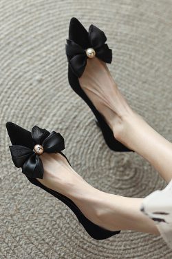 Elegant French-Style High Heels for Women - Pearl Bow, Pointed Toe, Shallow Mouth, Fairy Aesthetic, Chic Evening Footwear