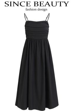 Elegant Goddess Long Black Dress - French Style Vacation Sling Dress for Summer 2025 Women's Fashion