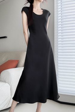 Elegant Heavy Satin Diagonal Cut U-Neck Short Sleeve Dress for Women – Summer 2025 Slim Commuter Style, Chic Evening Wear