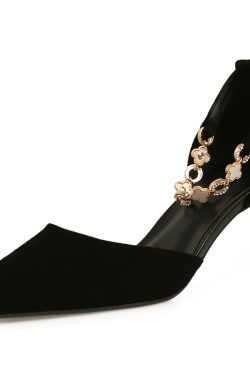 Elegant Hollow Pointed-Toe Sandals for Women - Summer Floral Chain Buckle High Heels in Genuine Leather, Chic and Stylish Footwear