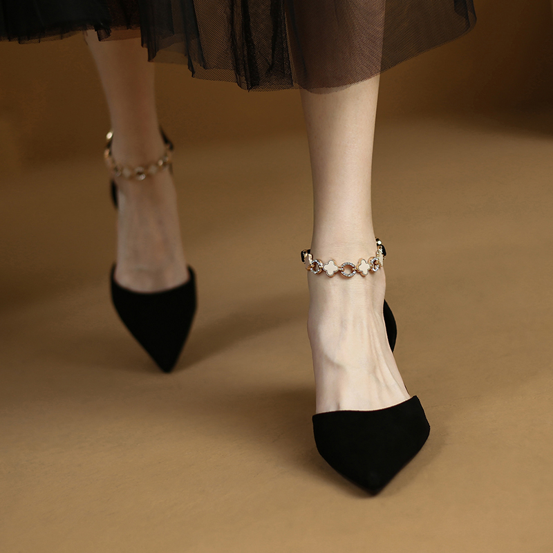 Elegant Hollow Pointed-Toe Sandals for Women - Summer Floral Chain Buckle High Heels in Genuine Leather, Chic and Stylish Footwear Elegant Hollow Pointed-Toe Sandals for Women - Summer Floral Chain Buckle High Heels in Genuine Leather, Chic and Stylish Footwear