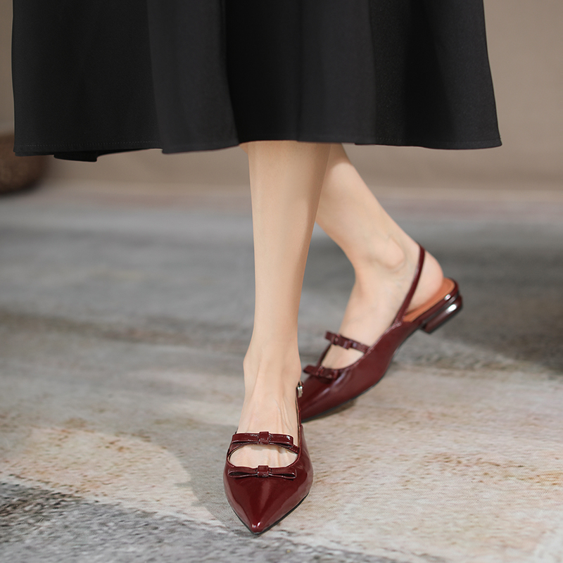 Elegant Literary Genuine Leather Pointed Toe Bow Sandals for Women - Low Chunky Heel - Midnight Opera House Style Elegant Literary Genuine Leather Pointed Toe Bow Sandals for Women - Low Chunky Heel - Midnight Opera House Style