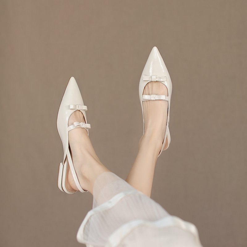 Elegant Literary Genuine Leather Pointed Toe Bow Sandals for Women - Low Chunky Heel - Midnight Opera House Style Elegant Literary Genuine Leather Pointed Toe Bow Sandals for Women - Low Chunky Heel - Midnight Opera House Style