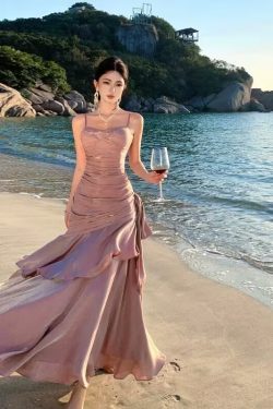 Elegant Mermaid Blue Fishtail Dress for Women - Summer Goddess Waist-Cinching Slim Fit Spaghetti Strap - High-End Fashion