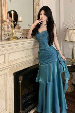 Elegant Mermaid Blue Fishtail Dress for Women - Summer Goddess Waist-Cinching Slim Fit Spaghetti Strap - High-End Fashion