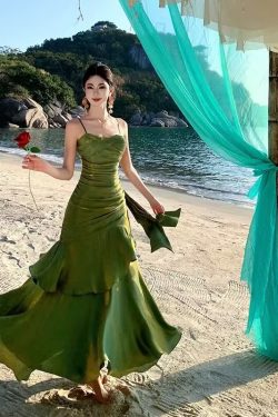 Elegant Mermaid Blue Fishtail Dress for Women - Summer Goddess Waist-Cinching Slim Fit Spaghetti Strap - High-End Fashion