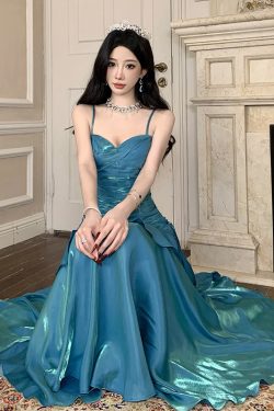 Elegant Mermaid Blue Fishtail Dress for Women - Summer Goddess Waist-Cinching Slim Fit Spaghetti Strap - High-End Fashion