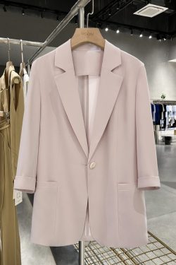 Elegant Nude Pink Blazer Jacket for Women - Thin Summer Style with Three-Quarter Sleeves, Trendy Fashion 2025