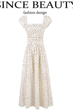 Elegant Off-White Polka Dot Dress for Women - French Style Long Dress, Summer 2025 Fashion, Chic and Sophisticated Look