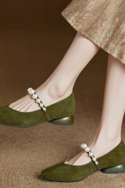 Elegant Pearl Mary Jane Shoes for Women - French Style Suede Square Toe Wedge Heels, Chic Fashion Footwear for Any Occasion
