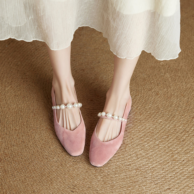 Elegant Pearl Mary Jane Shoes for Women - French Style Suede Square Toe Wedge Heels, Chic Fashion Footwear for Any Occasion Elegant Pearl Mary Jane Shoes for Women - French Style Suede Square Toe Wedge Heels, Chic Fashion Footwear for Any Occasion
