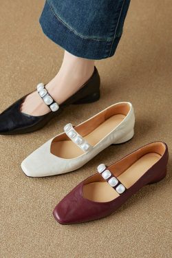 Elegant Pearl One-Strap Mary Jane Shoes for Women - Versatile Shallow Mouth Flats, Chic Italian Style