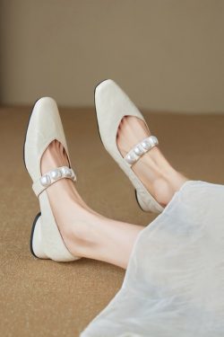 Elegant Pearl One-Strap Mary Jane Shoes for Women - Versatile Shallow Mouth Flats, Chic Italian Style