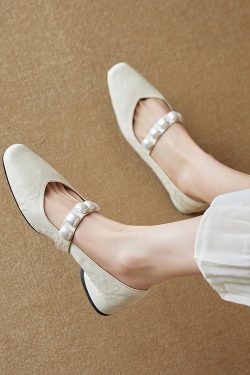 Elegant Pearl One-Strap Mary Jane Shoes for Women - Versatile Shallow Mouth Flats, Chic Italian Style