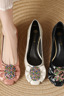 Elegant Rhinestone Bow Square-Toed Leather Shoes for Women - Fashionable Versatile Italian Style