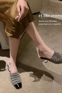 Elegant Rhinestone High-Heeled Sandals for Women - French Style Closed-Toe Half Slippers - Light Luxury Fashion Trend