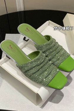 Elegant Rhinestone High-Heeled Sandals for Women - French Style Closed-Toe Half Slippers - Light Luxury Fashion Trend