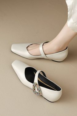 Elegant Rhinestone One-Strap Mary Jane Shoes for Women | Italian Flat Shallow Mouth Versatile Footwear