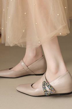 Elegant Rhinestone One-Strap Mary Jane Shoes for Women | Italian Flat Shallow Mouth Versatile Footwear
