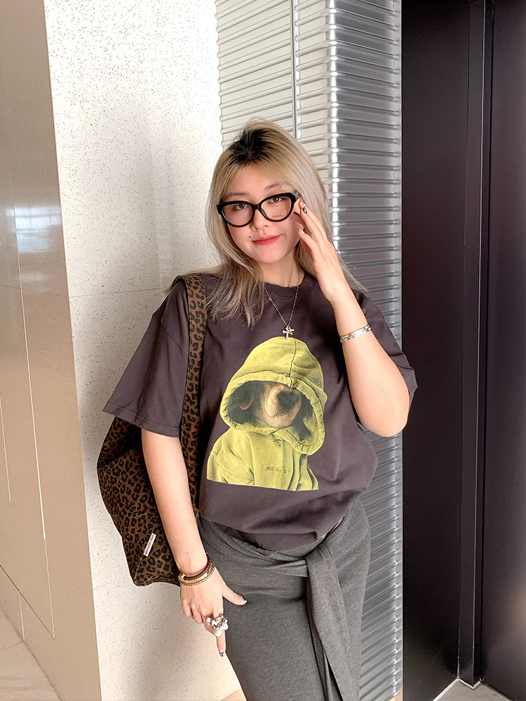 Elegant Round Neck Short Sleeve Dog Print T-Shirt for Women - Versatile Spring/Summer Fashion Top, Perfect for Casual 90s Y2K Style Elegant Round Neck Short Sleeve Dog Print T-Shirt for Women - Versatile Spring/Summer Fashion Top, Perfect for Casual 90s Y2K Style