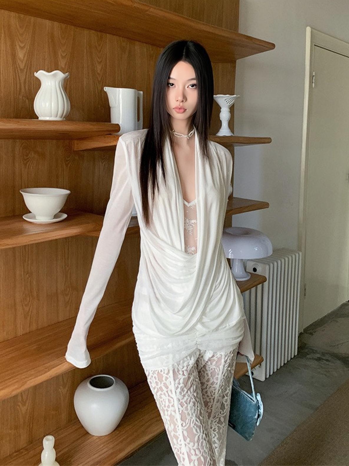 Elegant Sexy Crossed Drape Neck Lace Spliced Top for Women - Early Autumn Fashion Elegant Sexy Crossed Drape Neck Lace Spliced Top for Women - Early Autumn Fashion