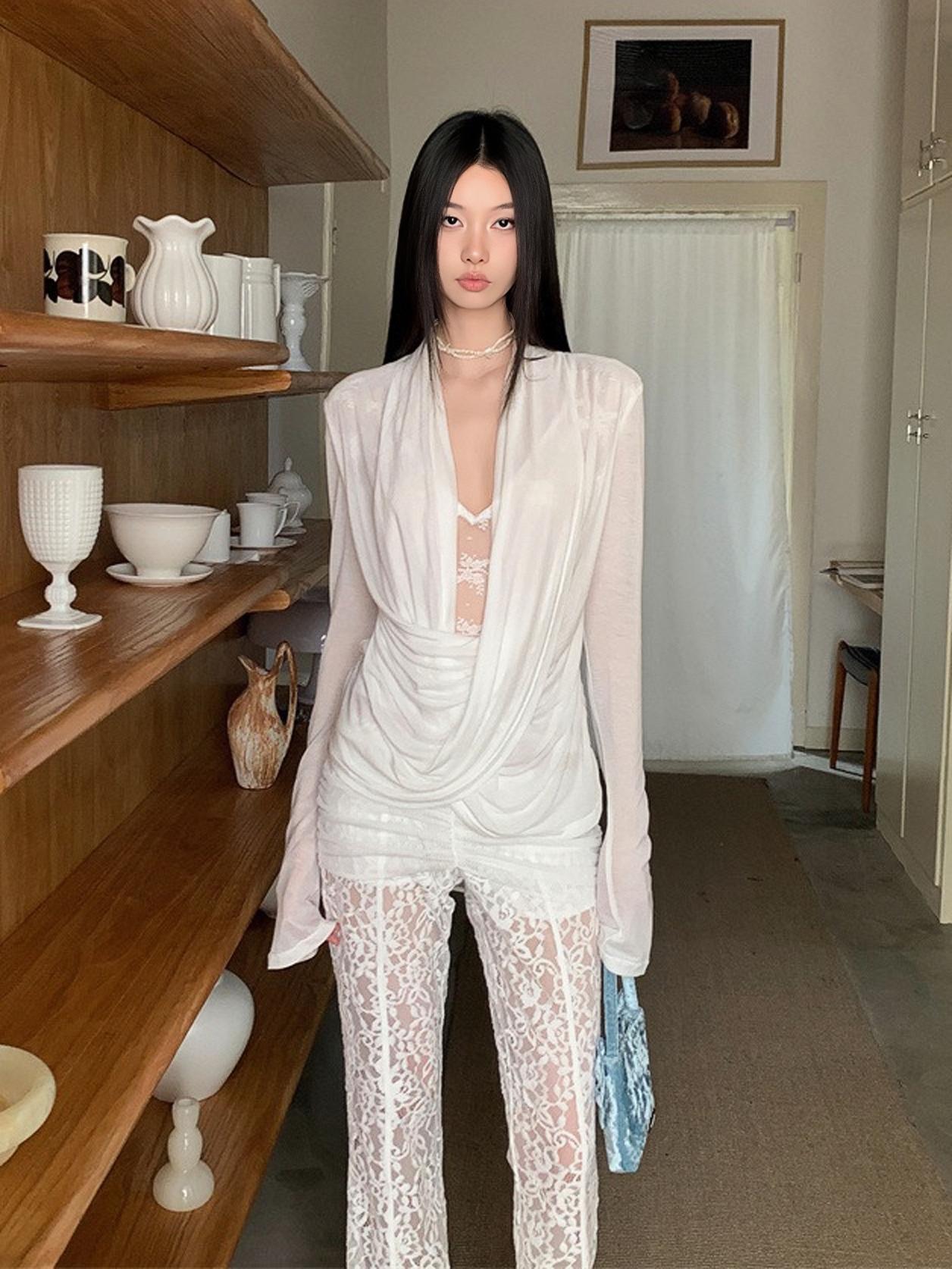 Elegant Sexy Crossed Drape Neck Lace Spliced Top for Women - Early Autumn Fashion Elegant Sexy Crossed Drape Neck Lace Spliced Top for Women - Early Autumn Fashion