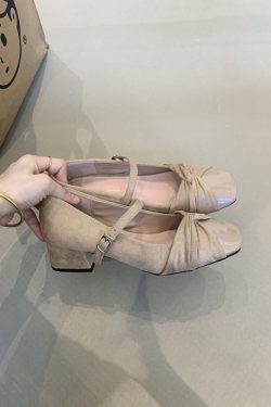 Elegant Sheepskin Square Toe Mary Jane Shoes for Women - French Style High-Heeled Chunky Heel Flats in Gentle Fairy Aesthetic