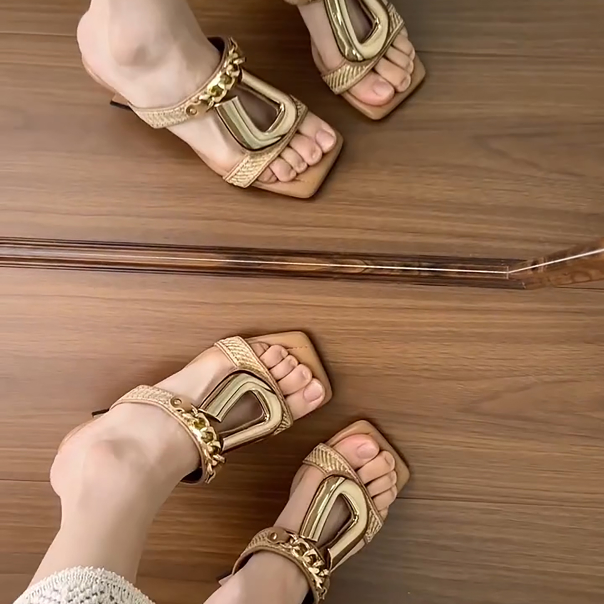 Elegant Sheepskin Wedge Sandals for Women - Metal Buckle, Square Toe, Open-Toe High-Heeled Slides, French Vacation Style Elegant Sheepskin Wedge Sandals for Women - Metal Buckle, Square Toe, Open-Toe High-Heeled Slides, French Vacation Style