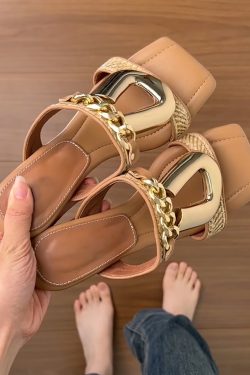 Elegant Sheepskin Wedge Sandals for Women - Metal Buckle, Square Toe, Open-Toe High-Heeled Slides, French Vacation Style
