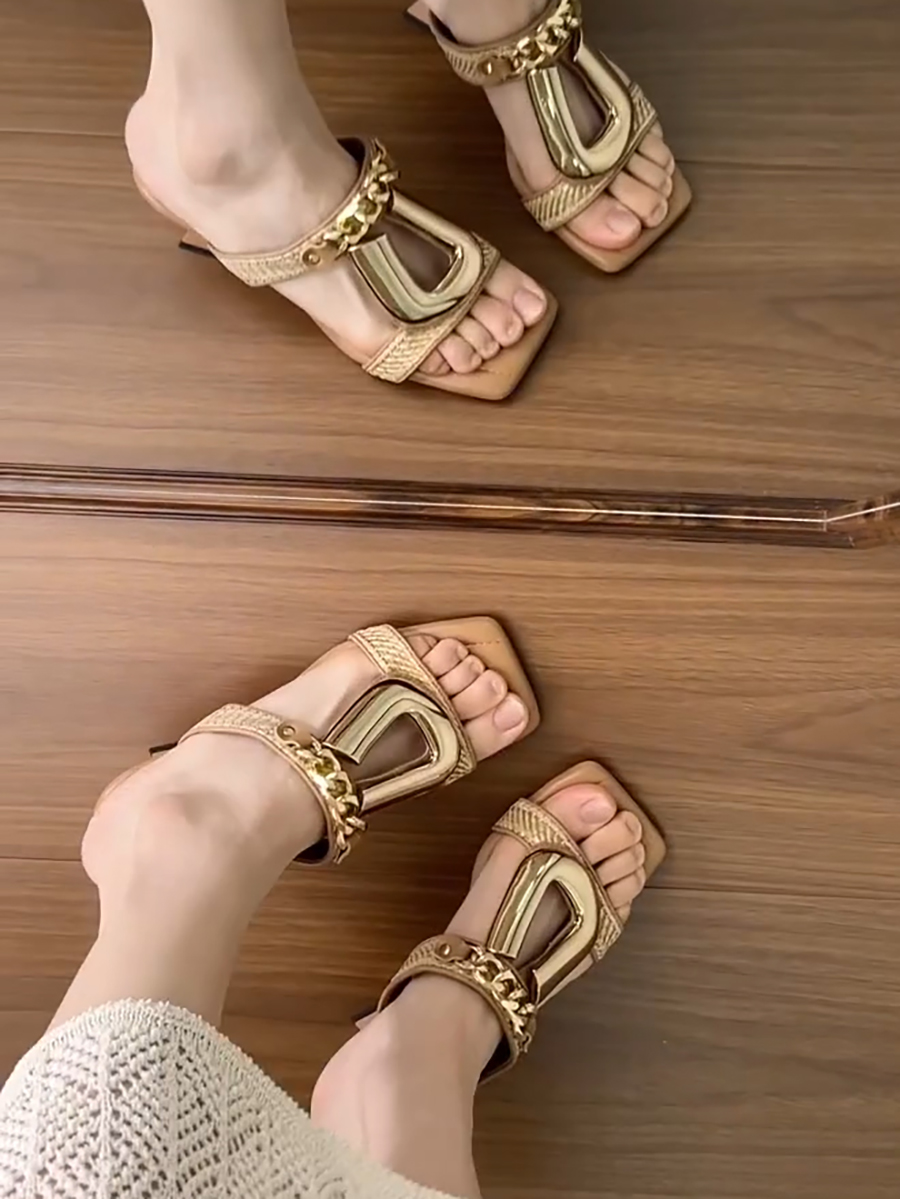 Elegant Sheepskin Wedge Sandals for Women - Metal Buckle, Square Toe, Open-Toe High-Heeled Slides, French Vacation Style Elegant Sheepskin Wedge Sandals for Women - Metal Buckle, Square Toe, Open-Toe High-Heeled Slides, French Vacation Style