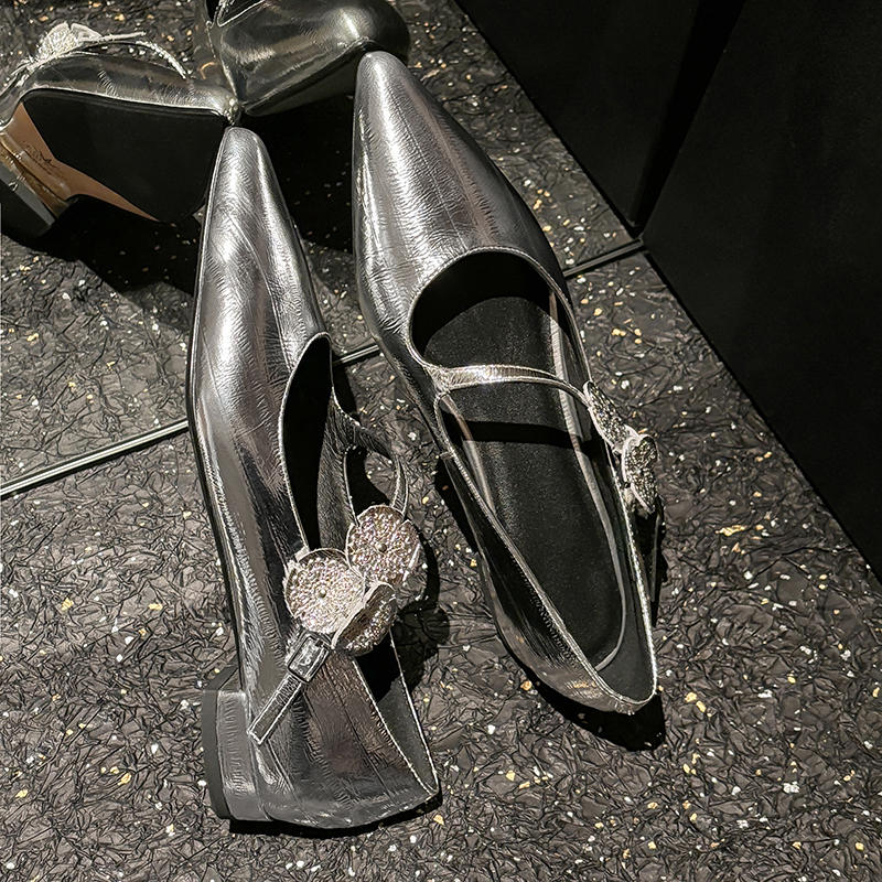 Elegant Silver Genuine Leather Pointed Toe Low-Heeled Mary Jane Flats - Italian Style, Classic Fashion Footwear Elegant Silver Genuine Leather Pointed Toe Low-Heeled Mary Jane Flats - Italian Style, Classic Fashion Footwear