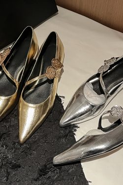 Elegant Silver Genuine Leather Pointed Toe Low-Heeled Mary Jane Flats - Italian Style, Classic Fashion Footwear