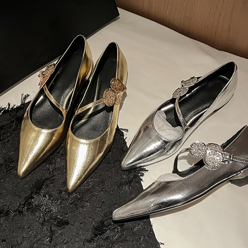 Elegant Silver Genuine Leather Pointed Toe Low-Heeled Mary Jane Flats - Italian Style, Classic Fashion Footwear Elegant Silver Genuine Leather Pointed Toe Low-Heeled Mary Jane Flats - Italian Style, Classic Fashion Footwear