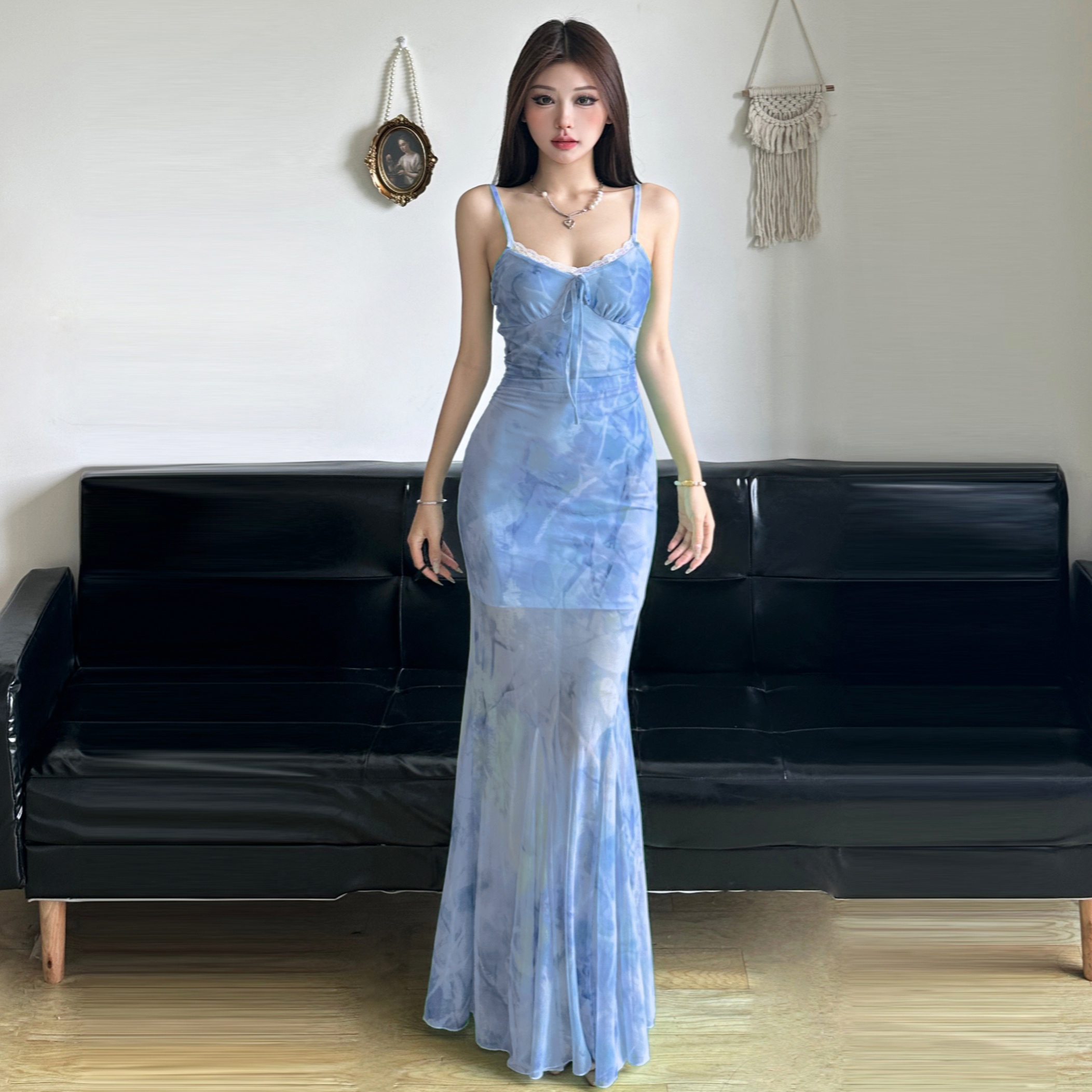 Elegant Sparkling Blue Fish Tail Long Dress for Women - Strapless & Spaghetti Strap, Waist-Cinching, Body-Shaping, Y2K Style Elegant Sparkling Blue Fish Tail Long Dress for Women - Strapless & Spaghetti Strap, Waist-Cinching, Body-Shaping, Y2K Style
