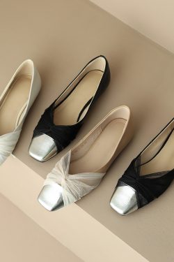 Elegant Square-Toe Flat Shoes for Women - French Artistic Color-Blocking Design in Genuine Leather and Mesh for Spring Style