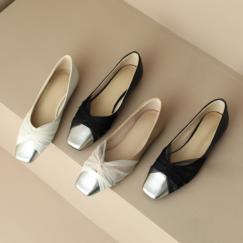 Elegant Square-Toe Flat Shoes for Women - French Artistic Color-Blocking Design in Genuine Leather and Mesh for Spring Style Elegant Square-Toe Flat Shoes for Women - French Artistic Color-Blocking Design in Genuine Leather and Mesh for Spring Style