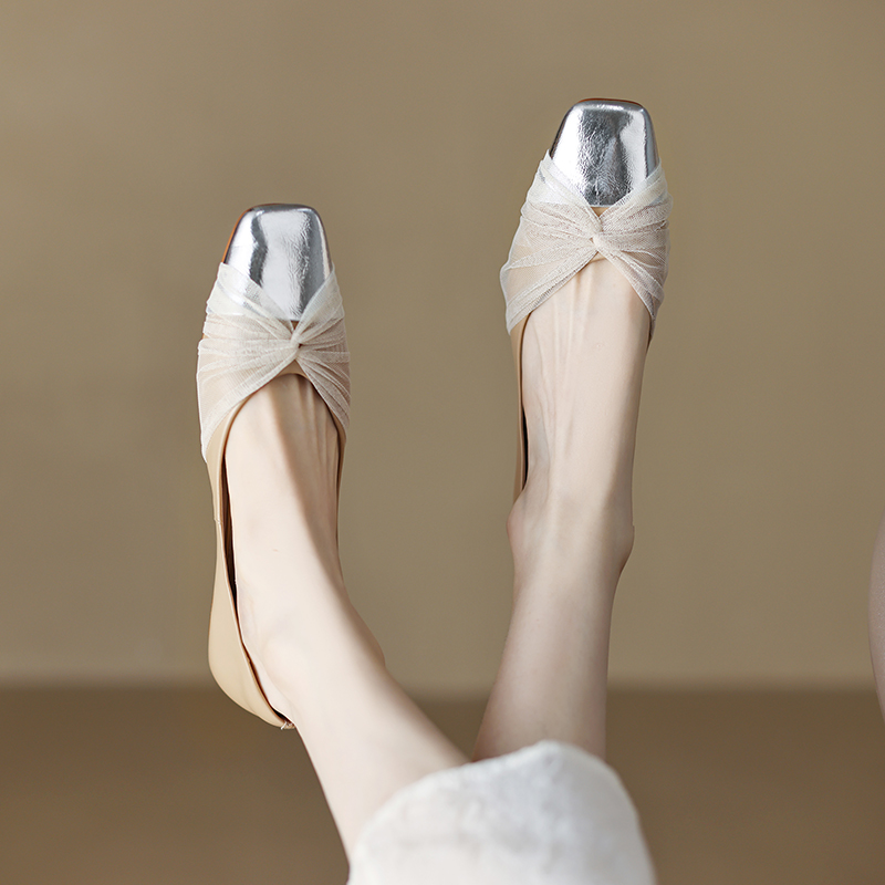 Elegant Square-Toe Flat Shoes for Women - French Artistic Color-Blocking Design in Genuine Leather and Mesh for Spring Style Elegant Square-Toe Flat Shoes for Women - French Artistic Color-Blocking Design in Genuine Leather and Mesh for Spring Style