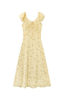 Elegant V-neck Floral Tea Break Dress - Slimming Waist-Defined Design, French Romantic Style, Yellow, Perfect for 90s & Y2K Fashion