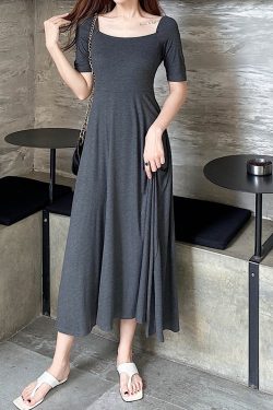 Elegant Vintage A-Line Dress with Flared Hem, Slimming Mid-Sleeves, High-Waisted Ribbed Cotton for Summer 2025