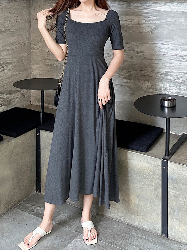 Elegant Vintage A-Line Dress with Flared Hem, Slimming Mid-Sleeves, High-Waisted Ribbed Cotton for Summer 2025 Elegant Vintage A-Line Dress with Flared Hem, Slimming Mid-Sleeves, High-Waisted Ribbed Cotton for Summer 2025