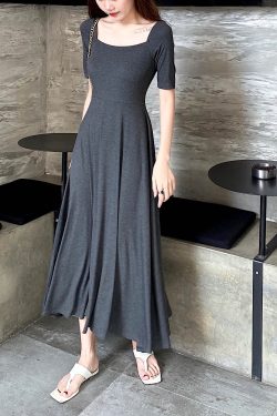 Elegant Vintage A-Line Dress with Flared Hem, Slimming Mid-Sleeves, High-Waisted Ribbed Cotton for Summer 2025