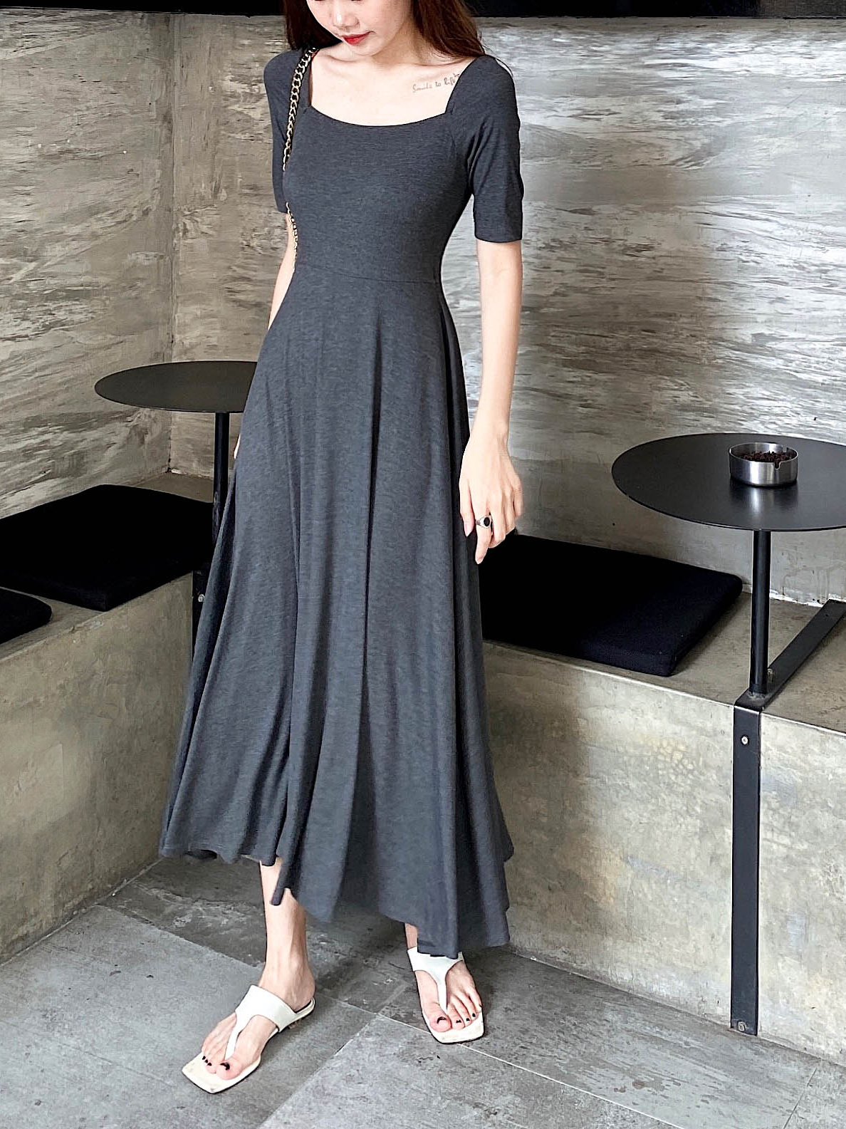 Elegant Vintage A-Line Dress with Flared Hem, Slimming Mid-Sleeves, High-Waisted Ribbed Cotton for Summer 2025 Elegant Vintage A-Line Dress with Flared Hem, Slimming Mid-Sleeves, High-Waisted Ribbed Cotton for Summer 2025