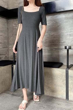 Elegant Vintage A-Line Dress with Flared Hem, Slimming Mid-Sleeves, High-Waisted Ribbed Cotton for Summer 2025