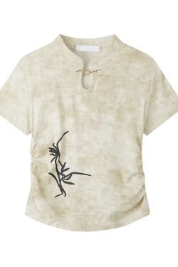 Elegant Women's Fitted Tie-Dye Embroidered Short-Sleeve T-Shirt - Pure Cotton Chinese Style Top for a Chic Look